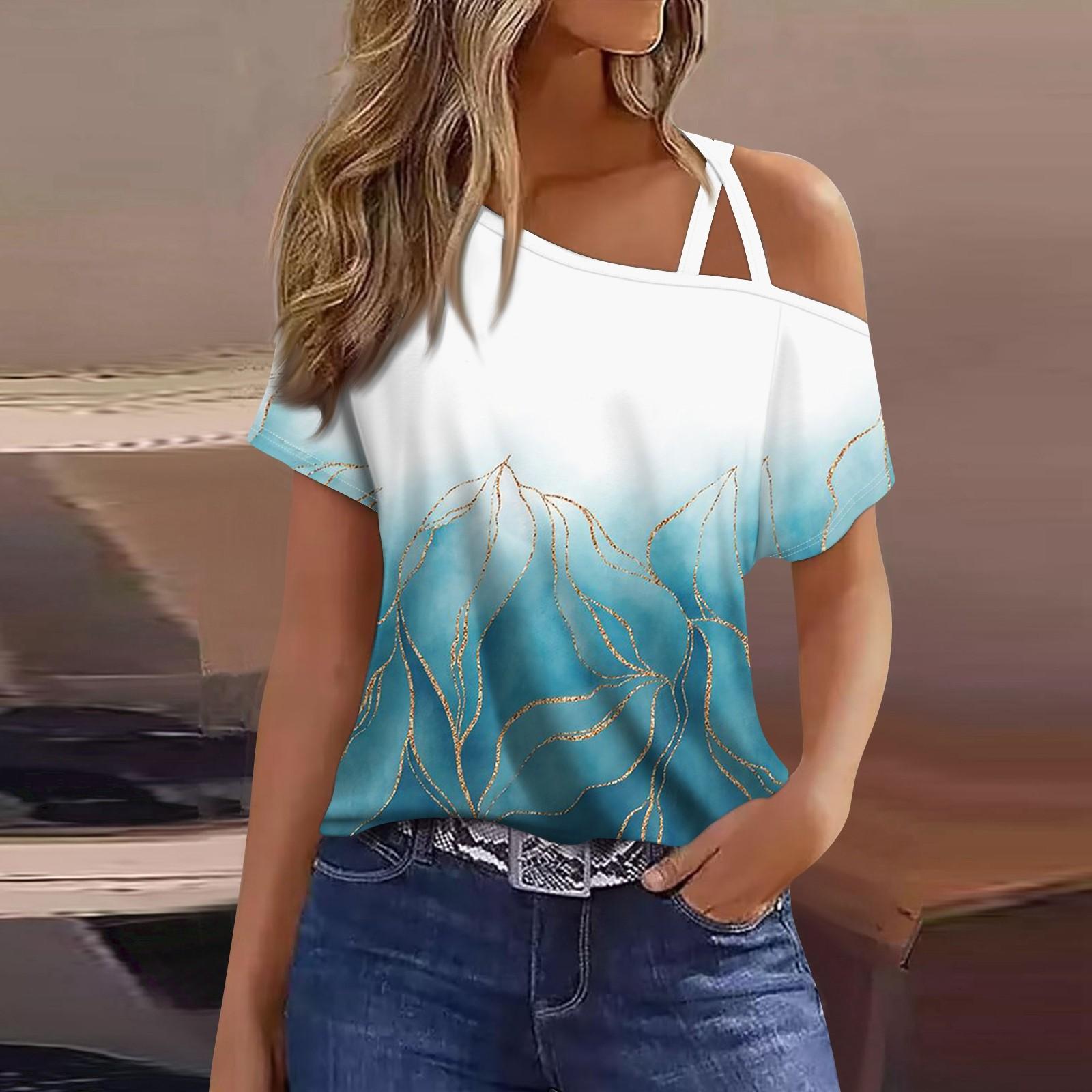 

Женская модная повседневная футболка с принтом, сексуальная футболка с короткими рукавами и открытыми плечами, топ L циан