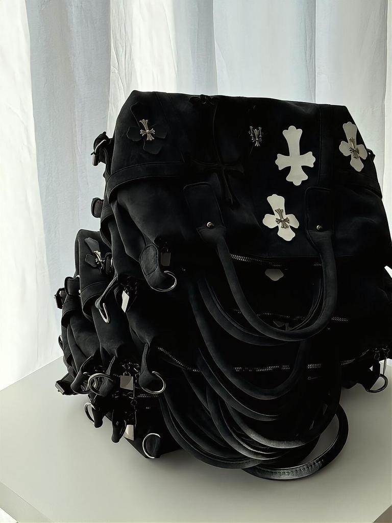 2025 Little Red Book Chrome Hearts Black & White Patchwork Travel Bag with Roman Metal Cross Shoulder Strap