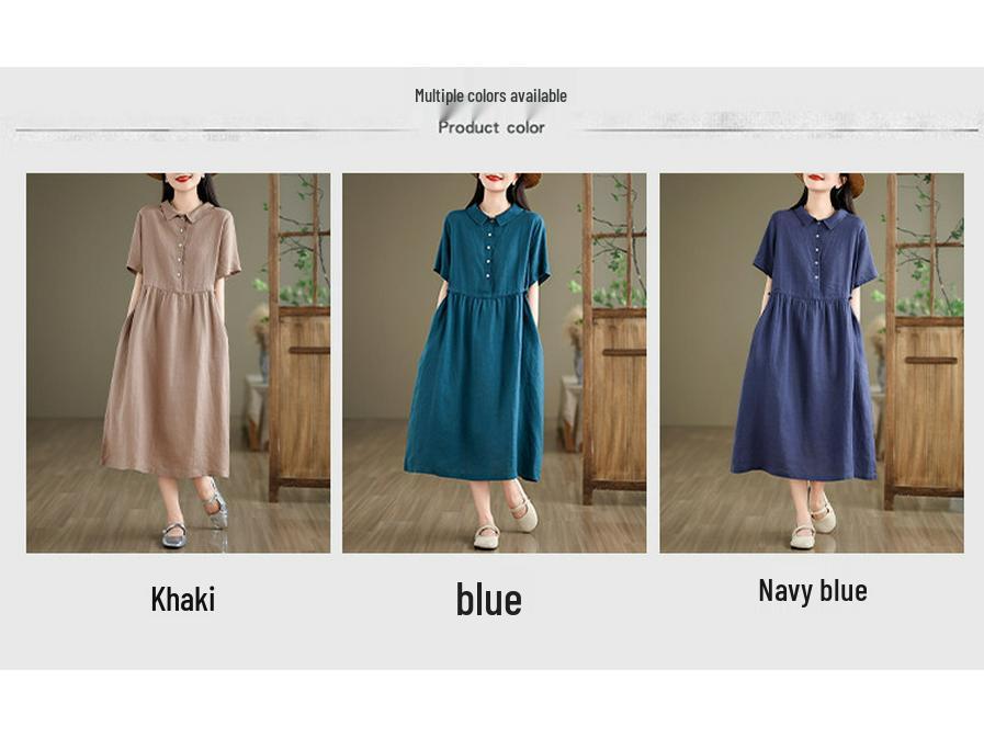 2024 Summer Japanese Style Cotton-Linen Polo Collar Midi Dress for Women