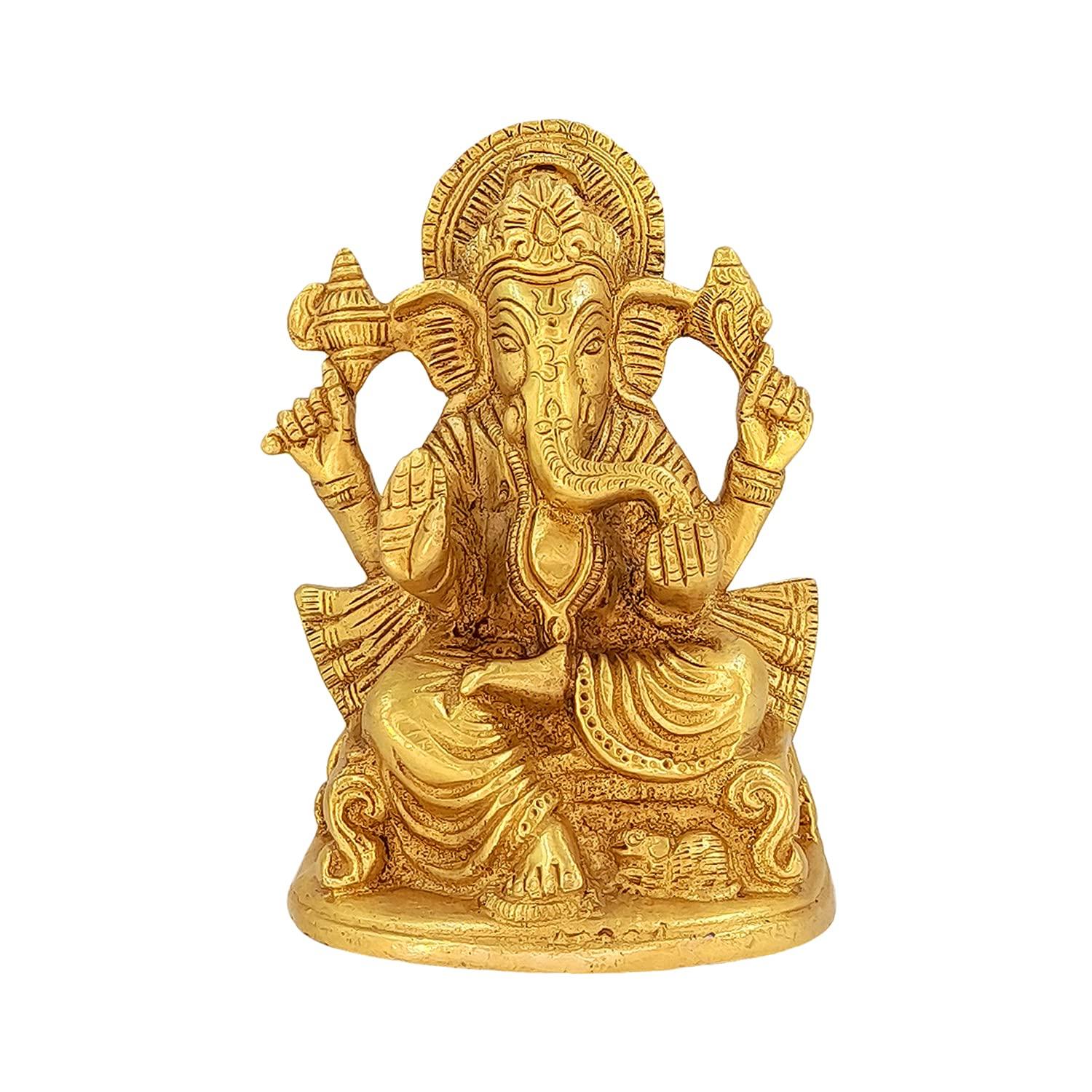

Pure Brass Idol, Ganesh Bhagwan Ganpati Murti, Gold Color Height - 5 Inch