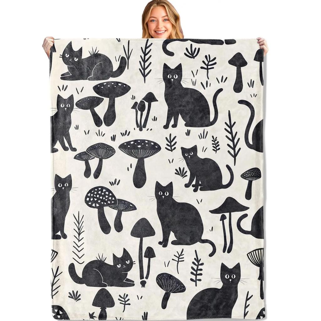 Cute cartoon black cat digitalprinted polyester Bedroom velvet flannel cover blanket Fleece soft sofa cover blankets for beds