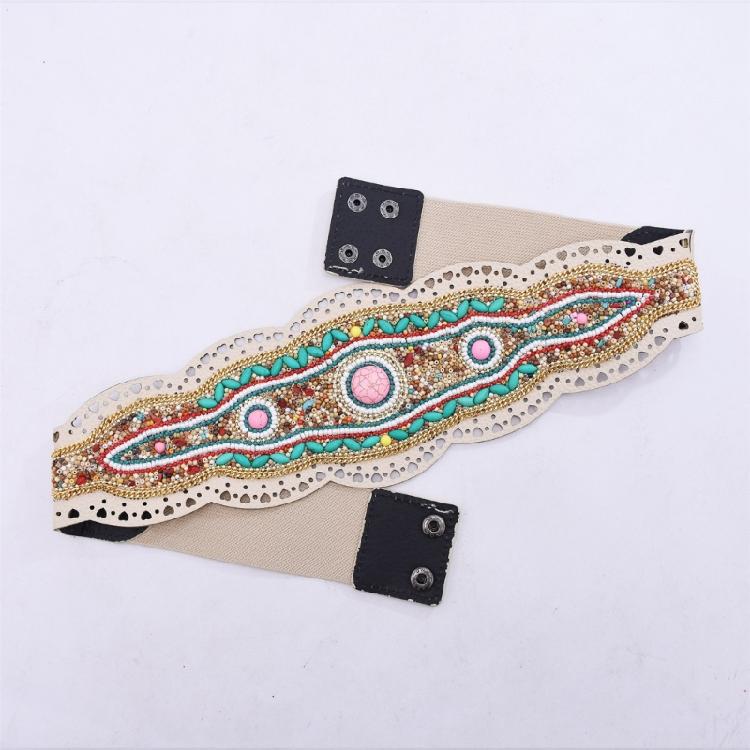 Ethnic Beaded Waist Cincher Stretch Waistband Bohemian Belt Body Girdle Feature Floral Accent for Women's Clothing