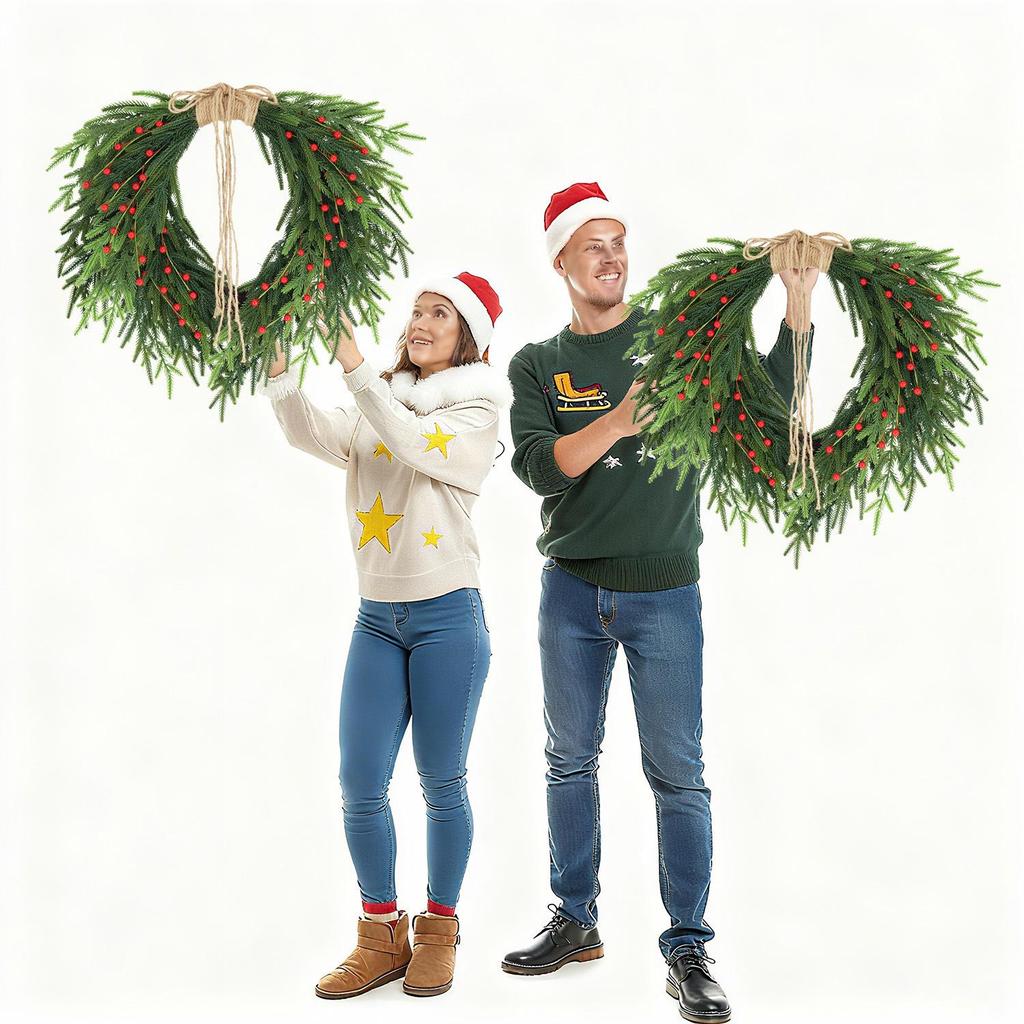 Yunhui Christmas Wreath with Red Berries and Bow – PE Norfolk Pine Greenery