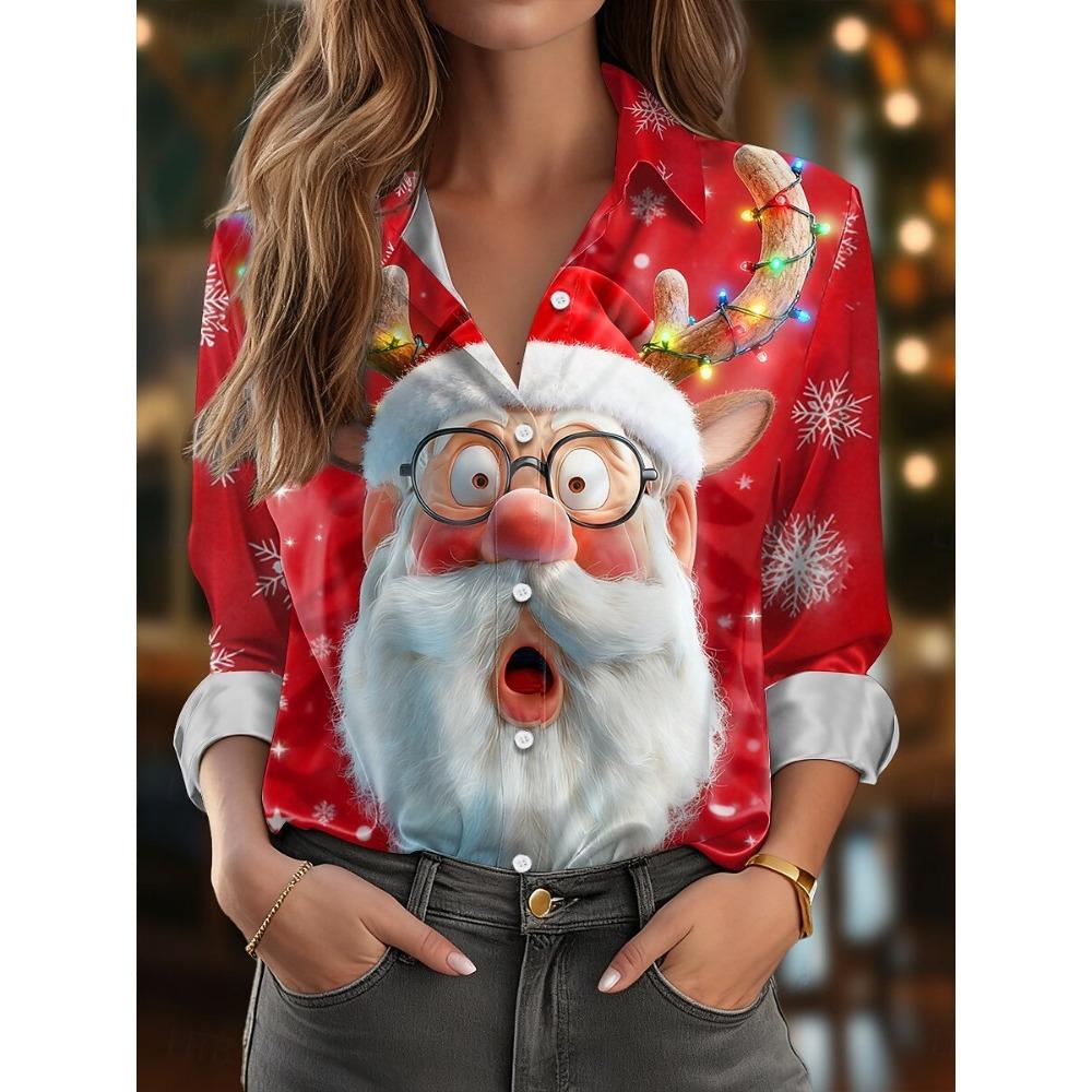 Women's Christmas Santa Blouse, Elegant Shirt Collar Design, Vintage Holiday Office Wear, Fall Winter Work Daily Fashion