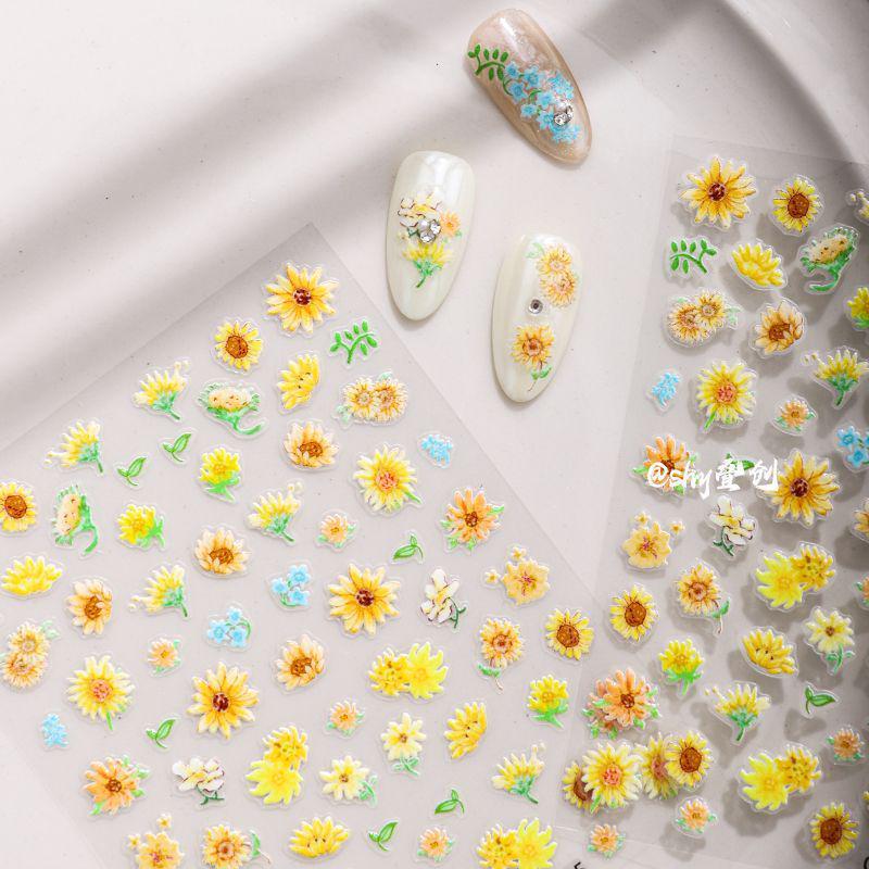Cyan Sea Fresh Sunflower Embossed Nail Art Stickers - Colorful Flower Decals