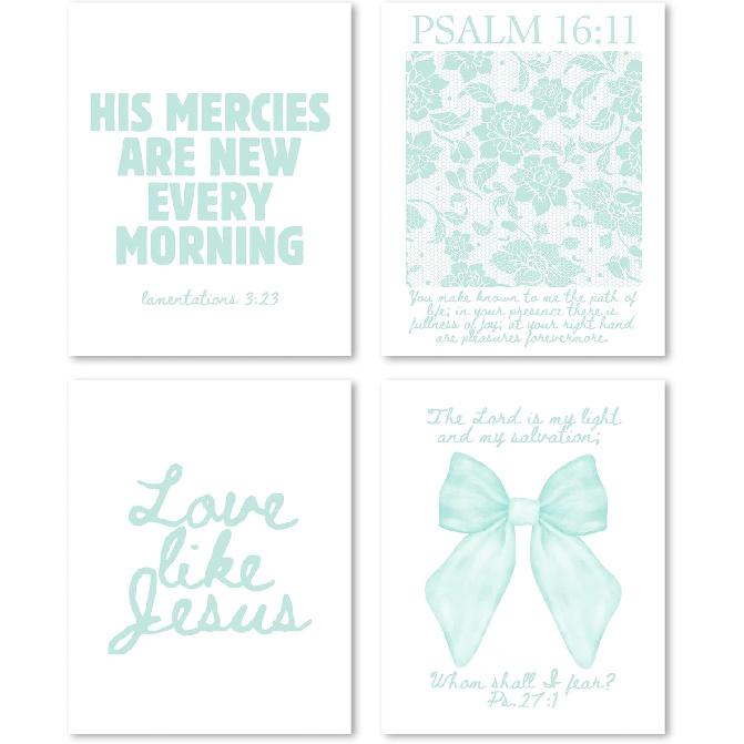 FGFK Girly Pink Christian Wall Art Prints Set of 4, Lamentations 3:23 Psalm 16:11 Psalm 27:1 Bible Verse Preppy Posters Pictures Wall Decor for Girls