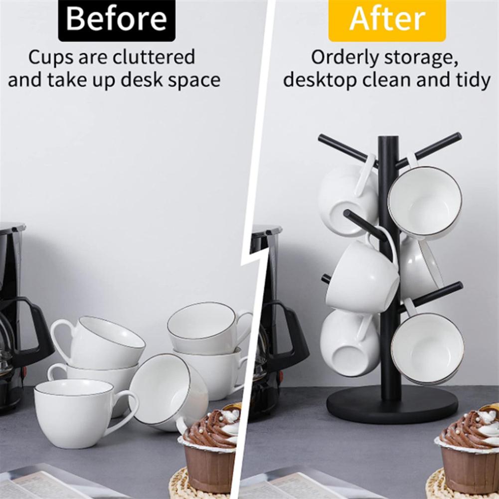 Bamboo Mug Tree with Thick Base Bamboo Mug Tree Stand Space-Saving Cup Holder with 6 Hooks,Countertop Coffee Cup Mugs Stand Rack