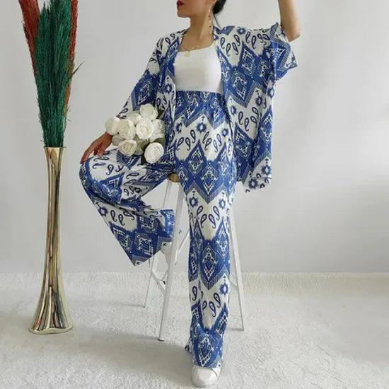 Temu 2024 Summer Women's Loose Plus Size Printed Set: Mid-Sleeve Shirt & Wide-Leg Pants