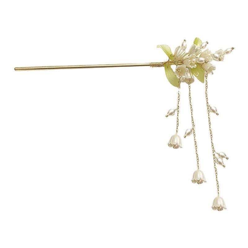 Children's White Magnolia Hanfu Hairpin with Tassel - Traditional Style Accessory for Girls