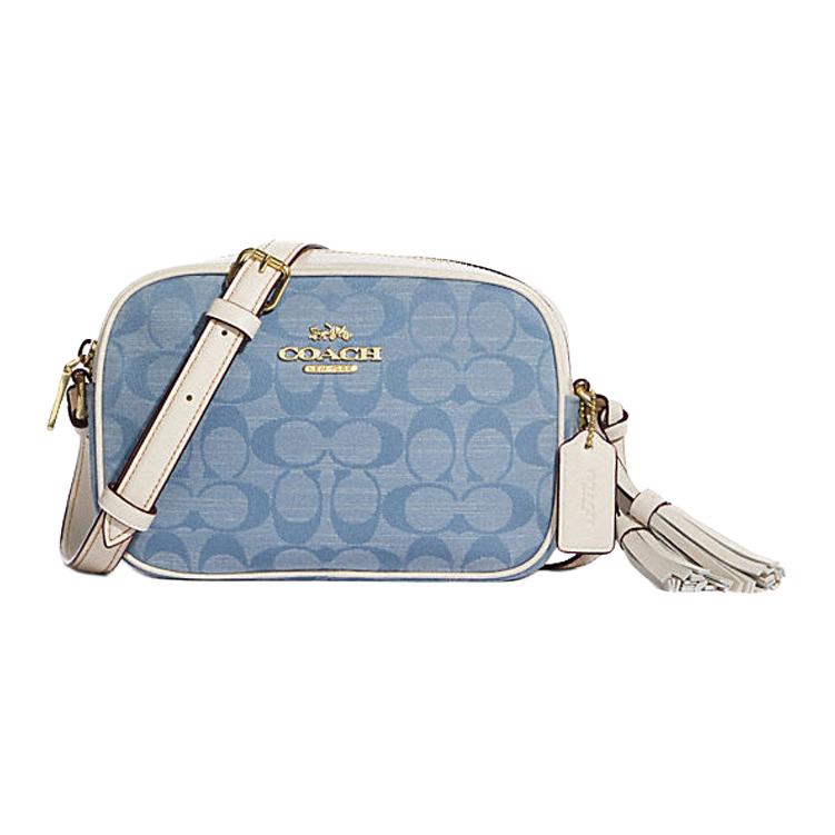 New COACH Camera Chambray Plain Weave And Smooth Cow Leather Camera Bags Crossbody Bags Mini Women's Blue & White CA732-IMUDY