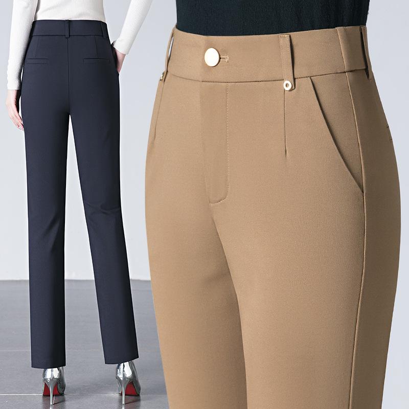 Women's High-Waisted Stretch Baguette Pants: Cotton-Blend Straight-Leg Cigarette Pants, Spring 2025 Casual Wear for Middle-Aged Moms.