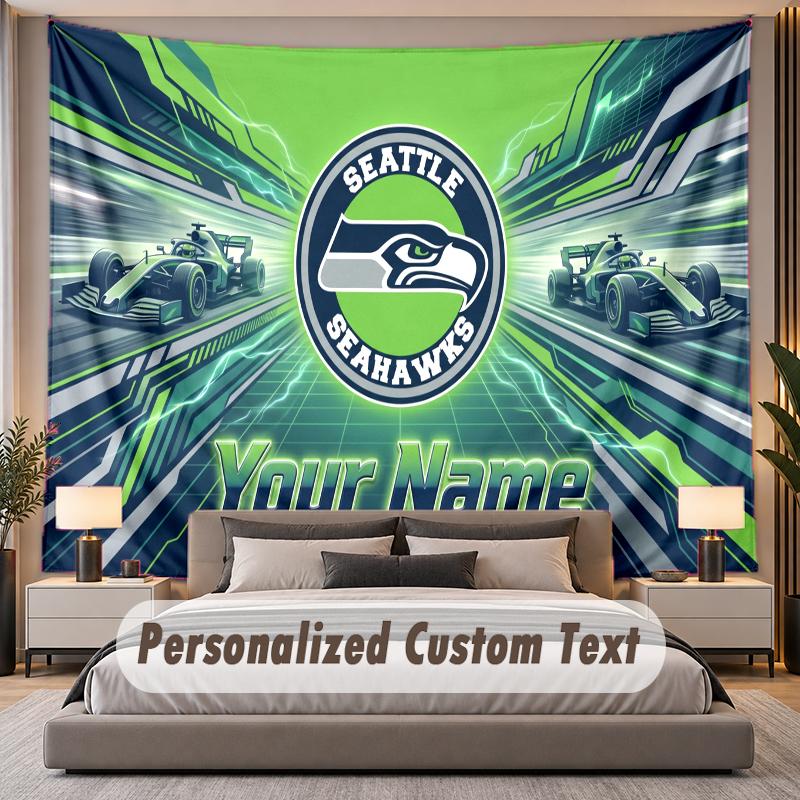 Custom Name Text Tapestry Seattle Seahawks Personalized Polyester Wall Tapestry For Bedroom And Room