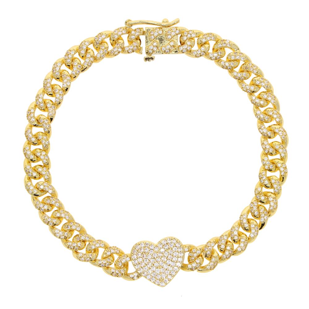 Promotion Bling Jewelry Women Bangles Cz Heart Diamond Gold Cuban Link Chain Charm Women Girl Bracelet 16cm