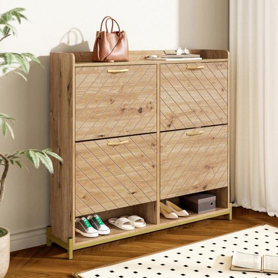 Modern Shoe Rack in Wood Look, 4-Door Shoe Cabinet, Space-Saving Shoe Cabinet for Entrance Areas, Hallways, or Corridors, Sturdy and
