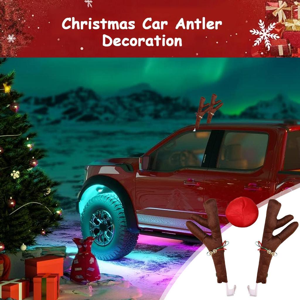 Cute Christmas Car Decoration Gray Deer Horn Antlers Car Kit With Red Nose For Holiday Gift Set Car Accessories Ornaments