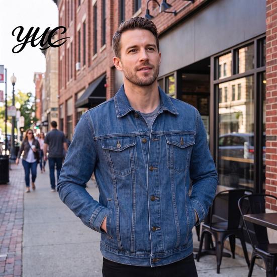 Solid Color Trucker Jacket Men Denim Jacket, Turndown Collar Button-Down Coat, Multi Pocket Retro Motorcycle Style Apparel Casual for Hip Hop