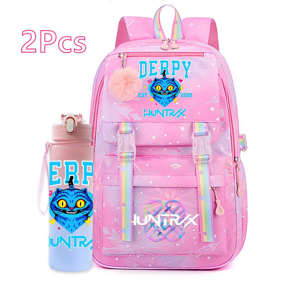 2Pcs/set New Anime Kpop Printed Backpack with 750Ml Water Bottler Large Capacity Travel Bag for Teenager Girl Boy Bookbag Kid Gift Large Capacity Bag