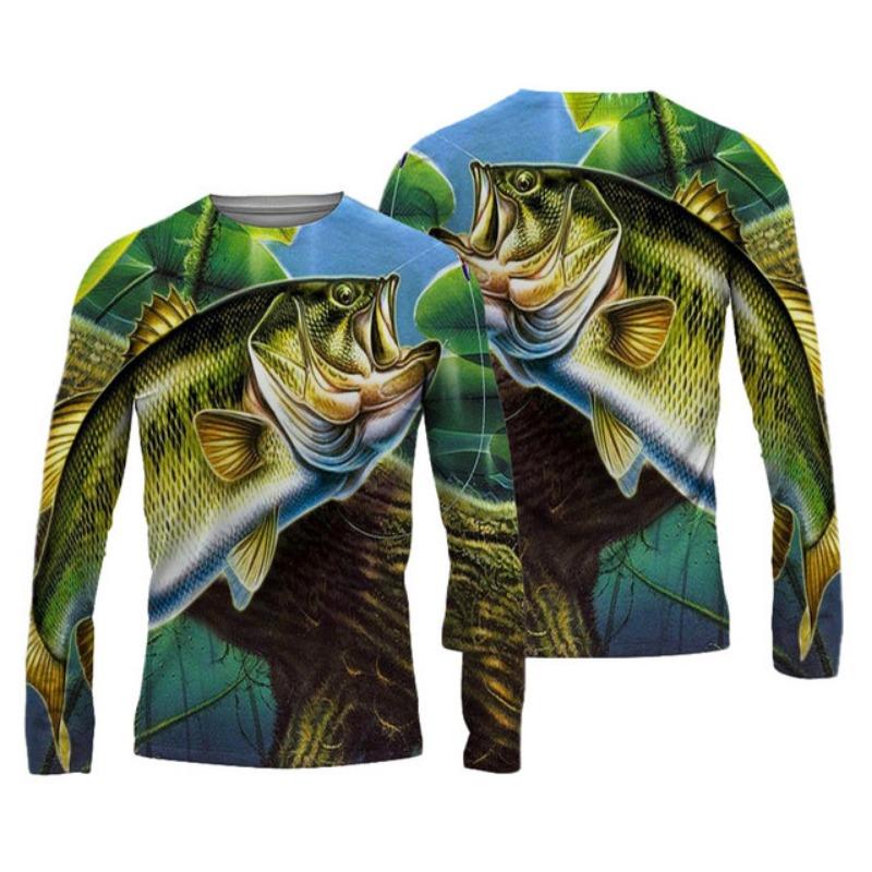 Sommer Herren Angelshirts 3D Pinting Angelbekleidung Atmungsaktives T-Shirt Langarm Outdoor Sport Rundhals Angelshirt 6XL