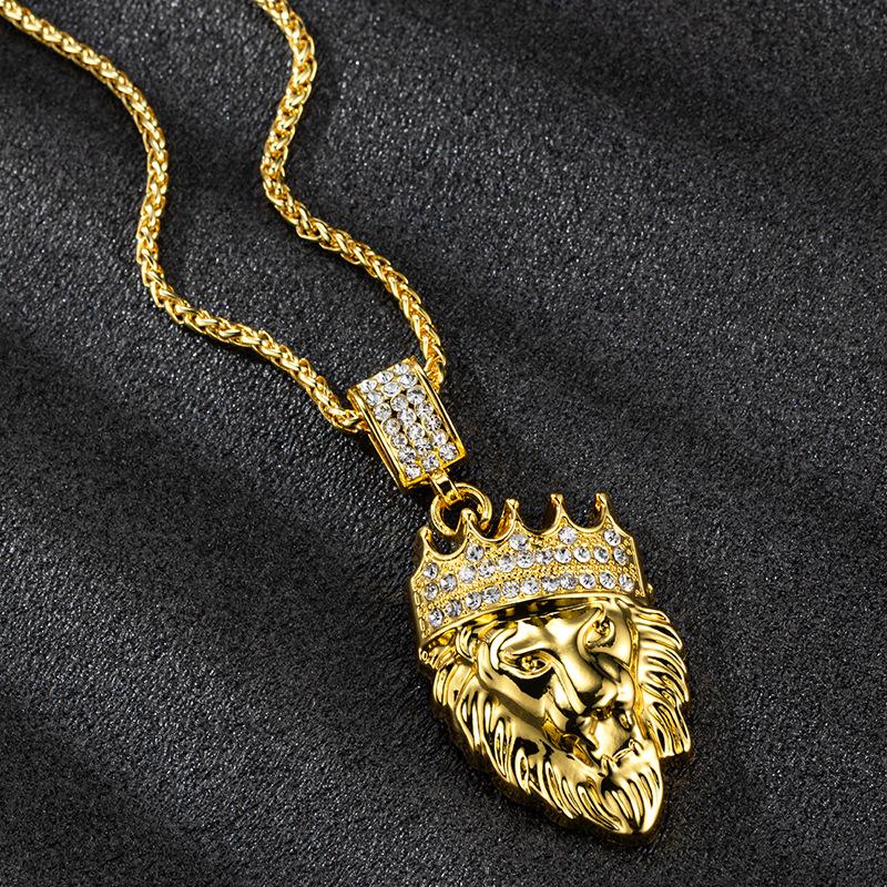 Hip Hop Necklace Accessories for Men and Women, Trendy Brand Accessories, Alloy Full Diamond Gold Lion Pendant