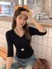 Korean New Early Autumn Wear Black Medium-sleeved Five-quarter-sleeved T-shirt with a Base Inside, Slim and Thin Top for Women