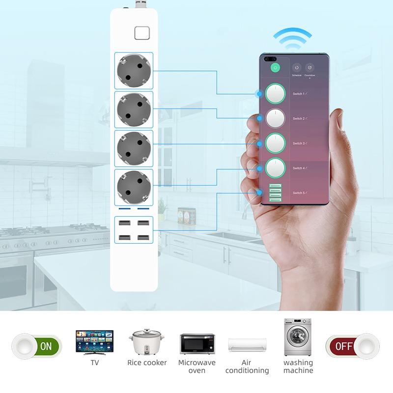 WIFI Smart Power Strip with 4 AC Outlets + 4 USB EU Plug Timer Switch Socket Timing Bluetooth Control Multi-functional Socket