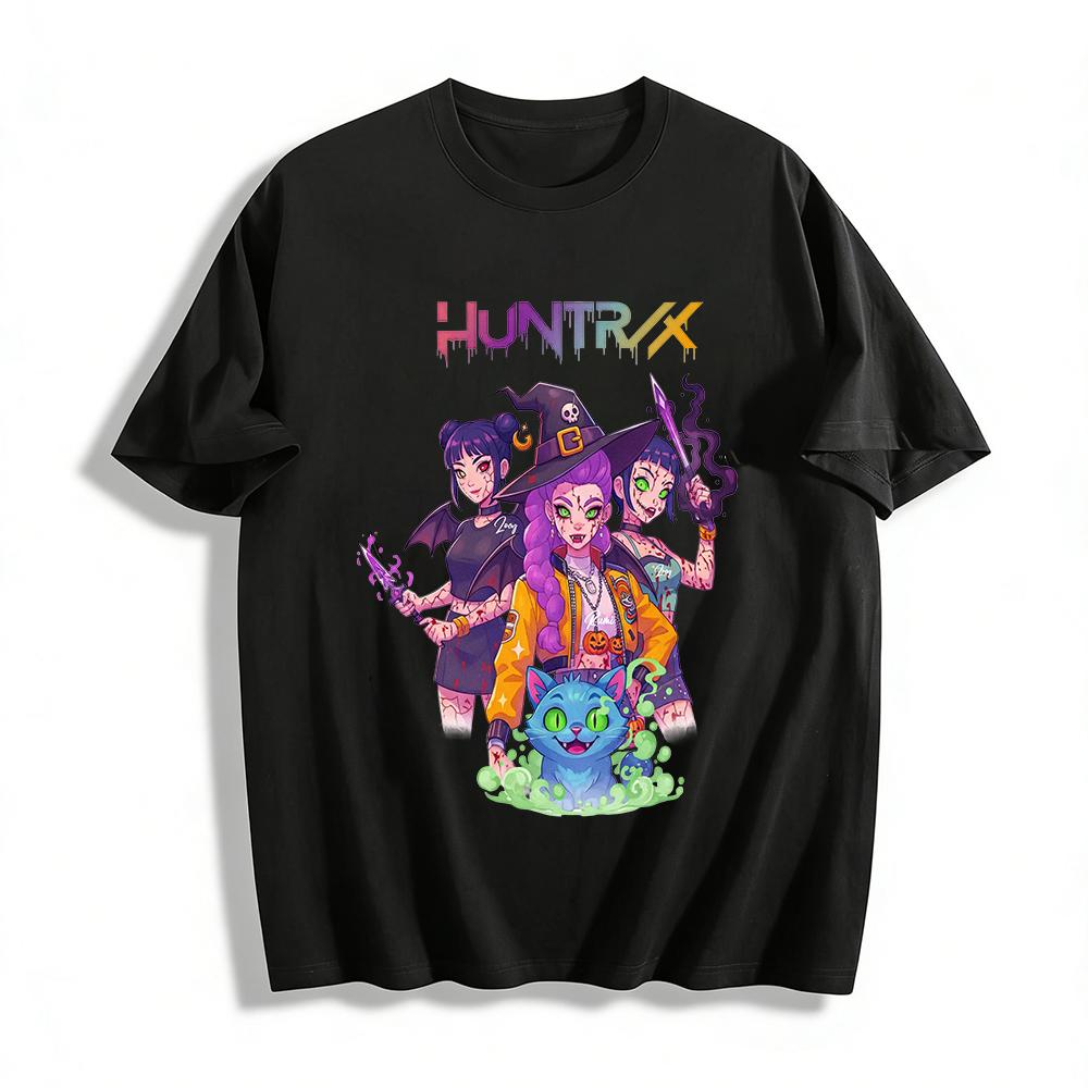 

Halloween HUNTRIX Dark Girl Print T-Shirt Witch Demon Cat Pattern Casual Short Sleeve Top Pure cotton T-shirt XXS