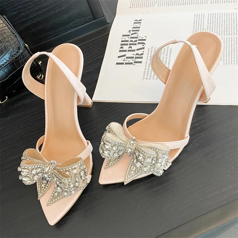 

Новый Дизайн Кристальный Цветок Остроносые Слингбэки Женские Туфли Элегантные Тонкие Высокие Каблуки Банкетные Свадебные Туфли 35 розовый