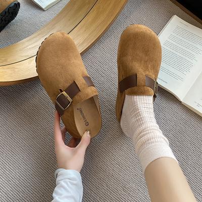 CRLAYDK Klassische Damen Wildleder Fußbett Komfort Schnallen Pantoletten mit Fußgewölbeunterstützung Slip On Freizeit Weiche Schuhe Innen Erhöhende Hausschuhe