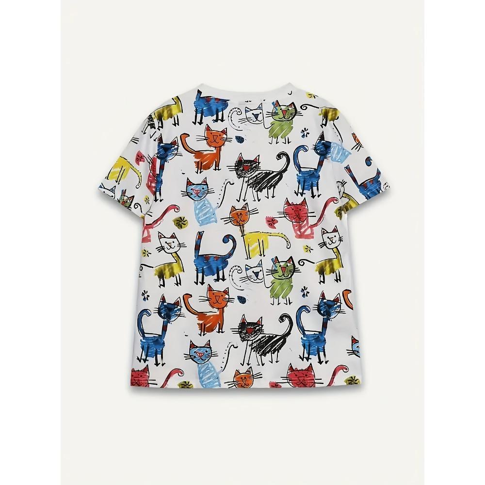 White Colorful Cat Women's T-shirt - Playful Cat Graffiti Pattern