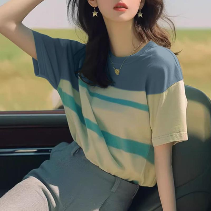

ZANZEA Жіночі літні футболки в смужку з круглим вирізом і короткими рукавами з градієнтним принтом синій