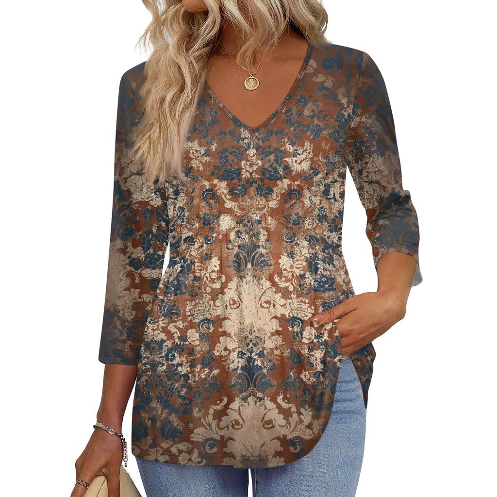 Women's T Shirt Print 3/4 Sleeve Fashion Basic V- Neck Regular Top