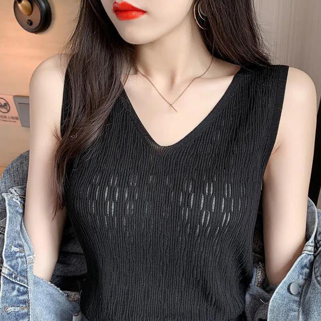 WTEMPO Femei cu decolteu în V, maiuri tricotate largi, primăvară, vară, culoare solidă, cu camisole elastice, veste scurte, de dimensiuni mari, tricotate, de bază.