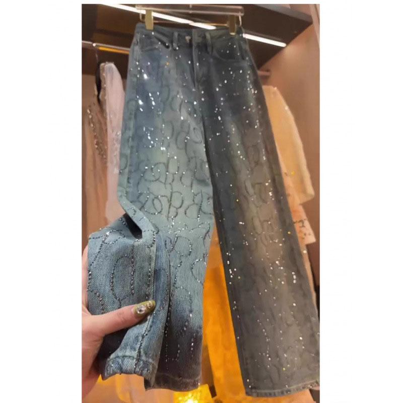 Diamant-Jeans für Damen, glänzende Jeans mit hoher Taille, lockere Jeanshose mit weitem Bein, blaue Wischhose mit Strasssteinen, Streetwear-Modehose