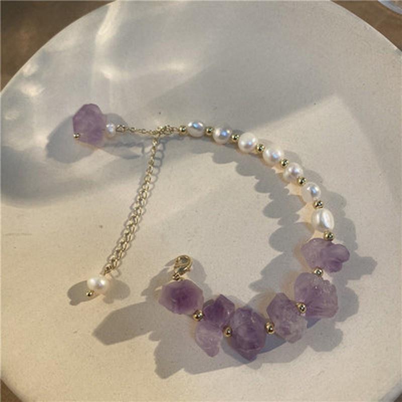 Women Girls Freshwater Pearls Bracelet Irregular Natural Stone Amethysts Purple Crystal Oval Shape Pearl Golden Bangle Jewelry