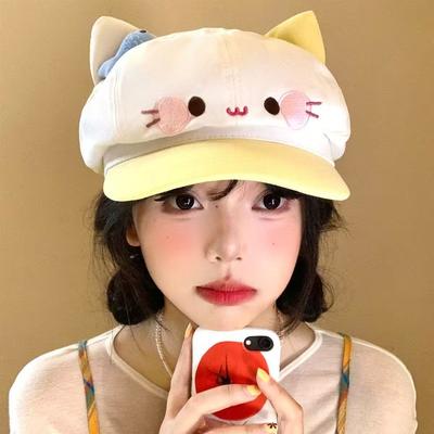 This Is a Description of a Cute and Adorable Japanese-style Fish-themed Cat-ear Beret Hat for Women, Suitable for Layering and Wearing As a School