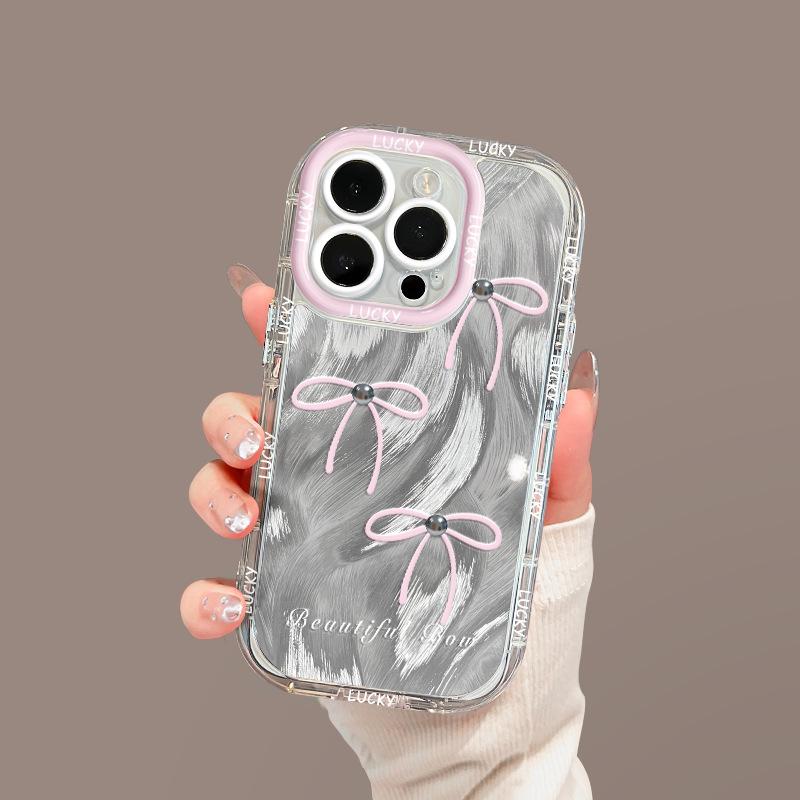 Pink Bow Suitable for Apple 16promax Mobile Phone Case Iphone15plus Feather Cream 14 13