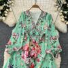 Spring Autumn Women Vintage Print Hot Drilling Chiffon V-neck Long Maxi Holiday Beach Dresses