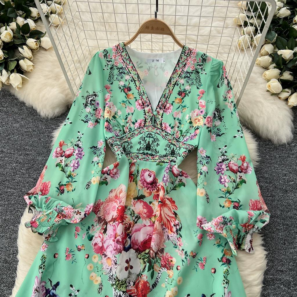 Spring Autumn Women Vintage Print Hot Drilling Chiffon V-neck Long Maxi Holiday Beach Dresses