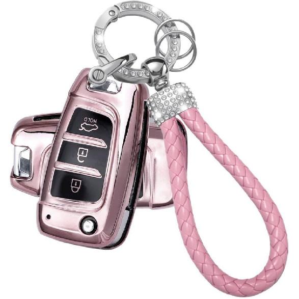 Key Fob Cover Case Compatible with Hyundai Venue Accent Kona SE Santa Fe Palisade Key Shell Protector with Bling Keychain 3 Button B Red