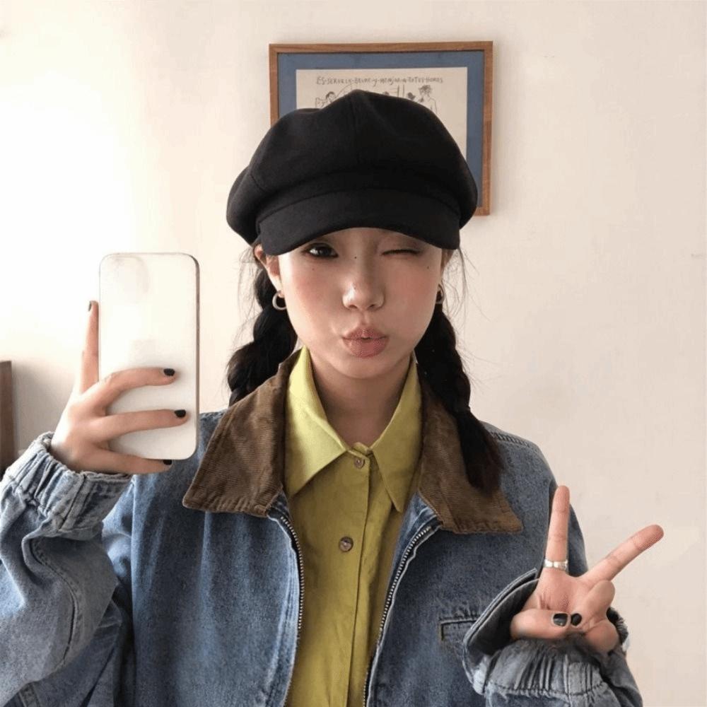 Solid Color Vintage Newsboy Cap Duck Tongue Painter Cap Casual Retro Berets Hat  Female