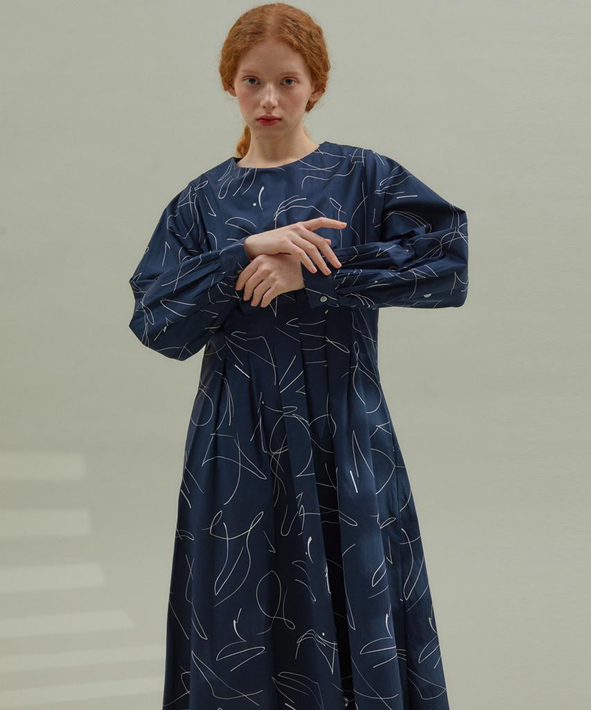 Manavis Seven Scribble Cotton Dress Navy