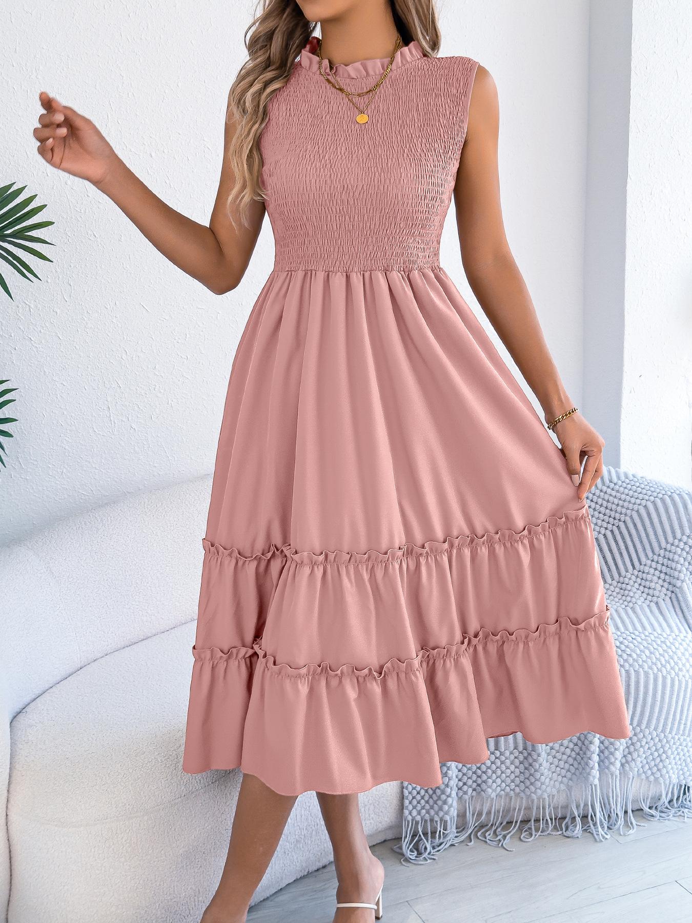 

women s Solid Color Smocked Ruffle Trim Sleeveless High Waist A Line Tiered Midi Dress XL