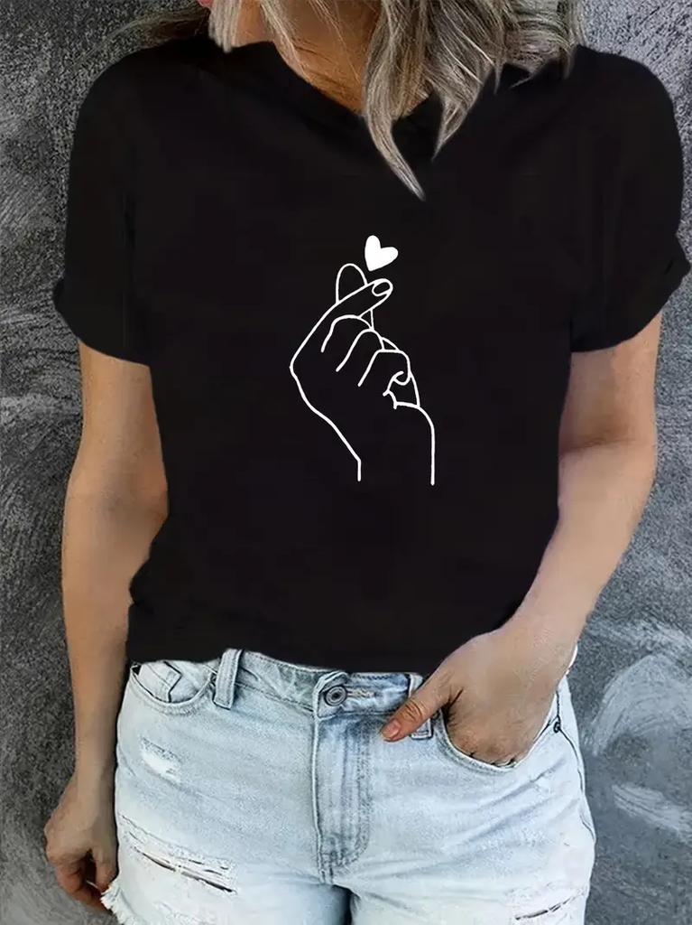 90s Finger Tshirt Heart Print Tshirt Short Sleeve Crew Neck Casual Top For Summer Spring Unisexs Clothing Top Tee