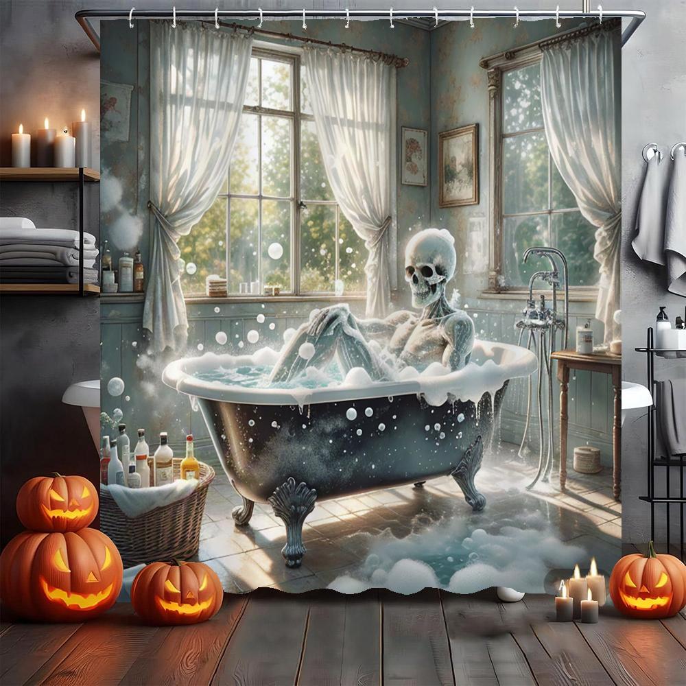 Amusing and Creative Skeleton Skull Shower Curtain Waterproof Bathroom Curtain Funny Scary Halloween Home Decorative Curtain