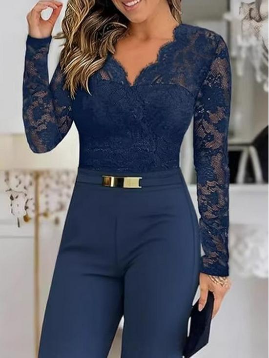Women's Lace Patchwork Long Sleeve Jumpsuit with Belt and Wide-Leg Pants