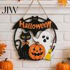 Waterproof Festive Wall Art Halloween Wood Hanging Ornament with Ghost Pumpkin Bat Cat Prints, Durable Indoor Outdoor Decor Front Door Sign