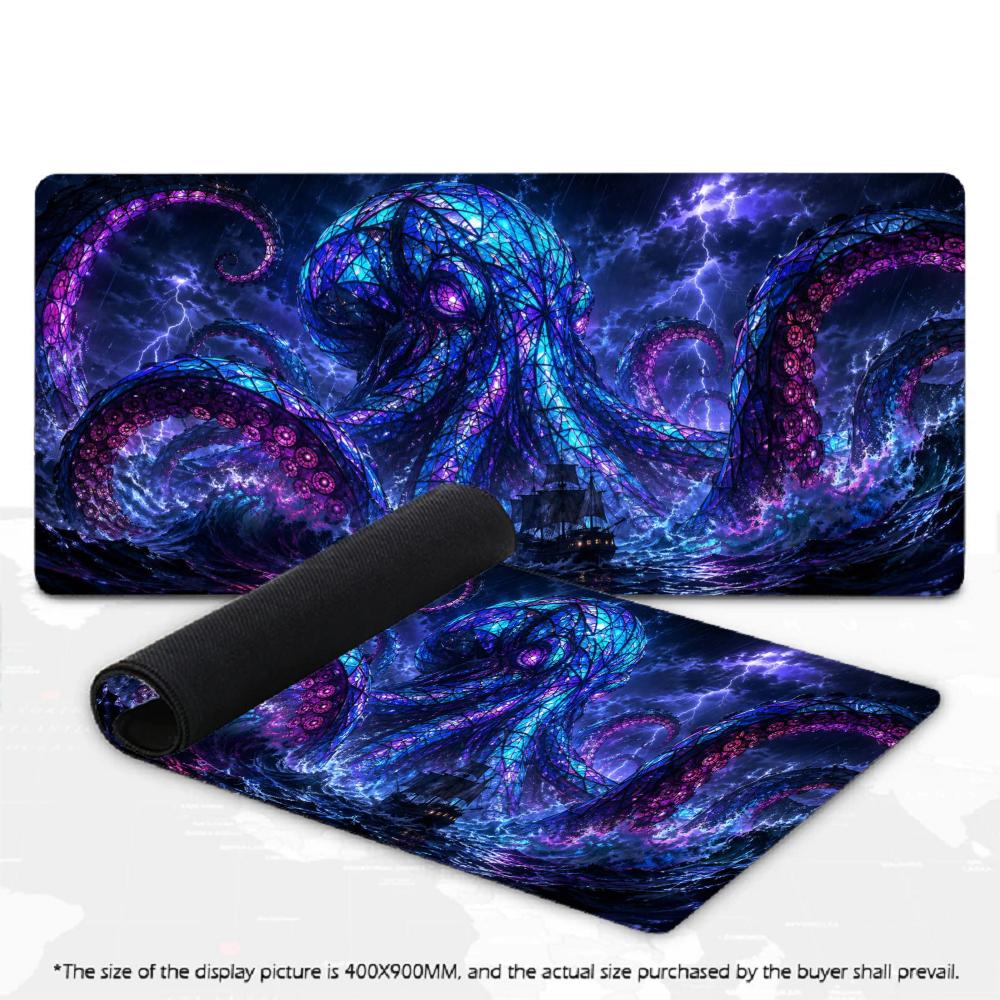 XXL Pc Game Deskmat Stained Glass Kraken Sea Monster Thunder Wave Large Mouse Pad Non‑Slip Rubber Keyboard Mats Gamer Mousepads