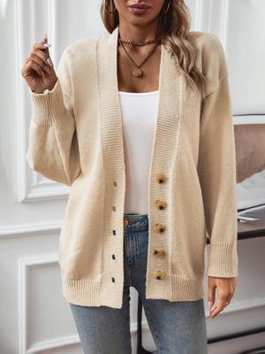 Damenmode Lässiger V-Ausschnitt Einreihig Langärmliger Strick-Cardigan Pullover Jacke