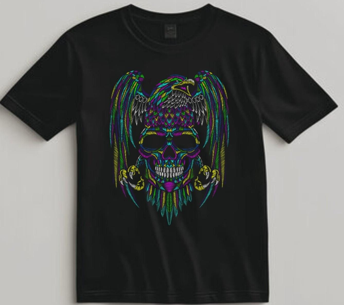 Skull Eagle Spirit Shirt Neon Tribal Art Graphic Tee for Biker Gothic Men S
