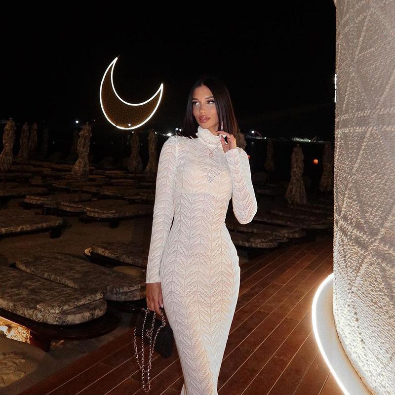 

Осенне-зимнее женское сексуальное перспективное облегающее платье с высоким воротом и длинными рукавами, однотонное платье с длинной юбкой, темпераментное платье M белый